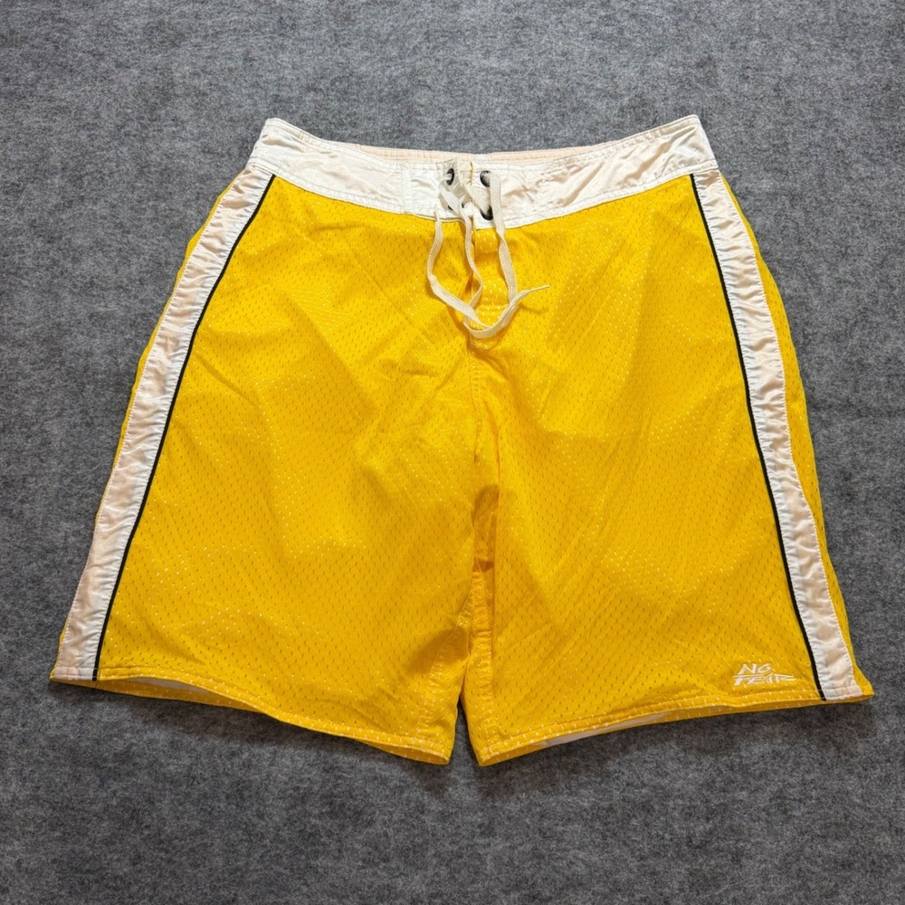 Vintage Y2K No Fear Mens 36 Mesh Board Shorts Yellow White Stripe Made in USA